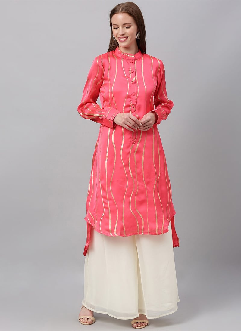 Pink Foil Printed Kurta Palazzo Set