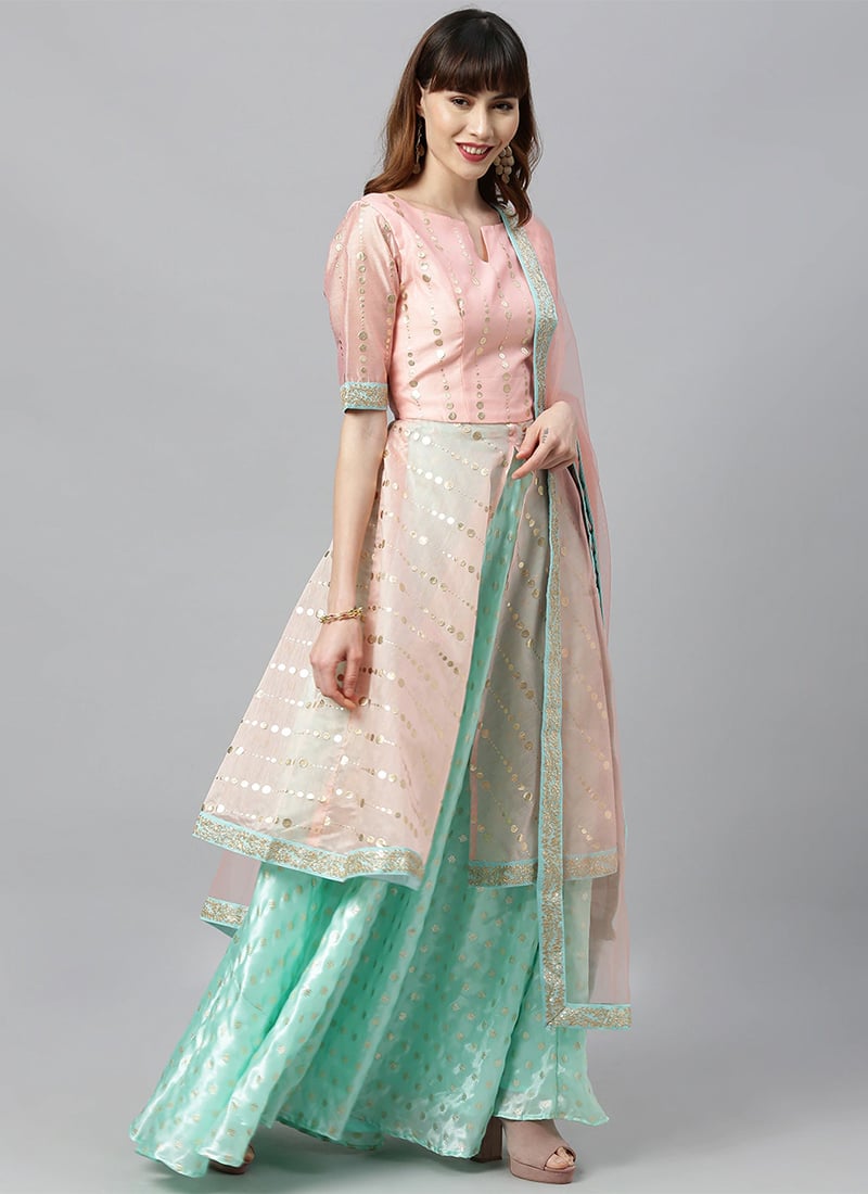 Pink Foil Printed Long Choli Lehenga Set