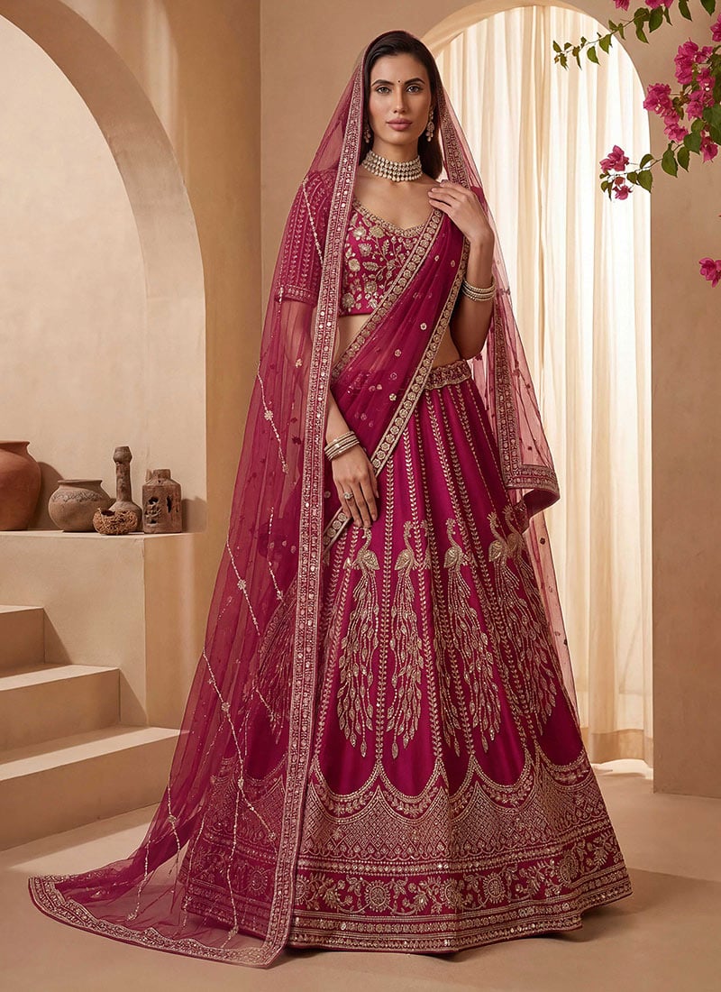 Pink Gadhwal Silk Hand Embroidered Sequence Embroidery Lehenga Wedding Wear