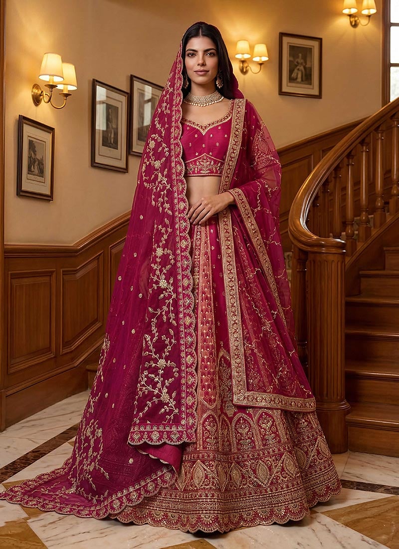 Pink Gadhwal Silk Hand Embroidered Sequence Embroidery Lehenga Wedding Wear
