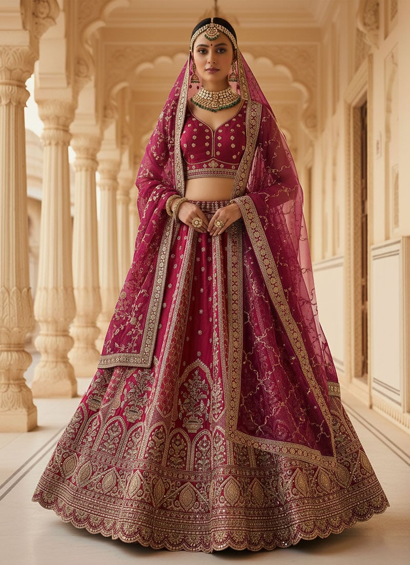 Pink Gadhwal Silk Zari Embroidered Sequins Gorgeous Lehenga Wedding Wear