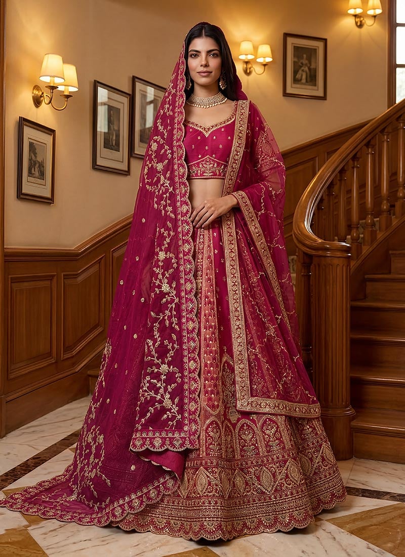 Pink Gadhwal Silk Zari Embroidered Sequins With Stone Work Lehenga Wedding Wear