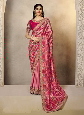 Pink Gaji Jacquard Silk Hand Embroidered Sequins Digital Print Saree