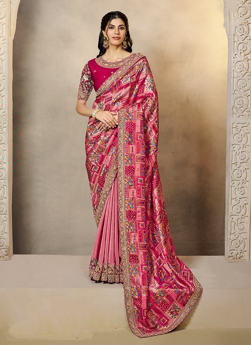 Pink Gaji Jacquard Silk Hand Embroidered Sequins Digital Print Saree Festive Wear
