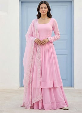 Pink Georgette Anarkali Suit With Embroidered Dupatta