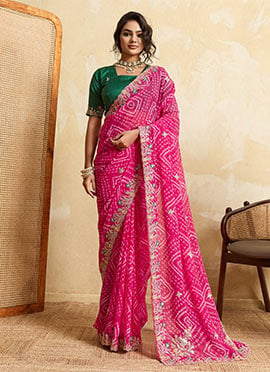 Pink Georgette Bandhej Print Embroidered Saree