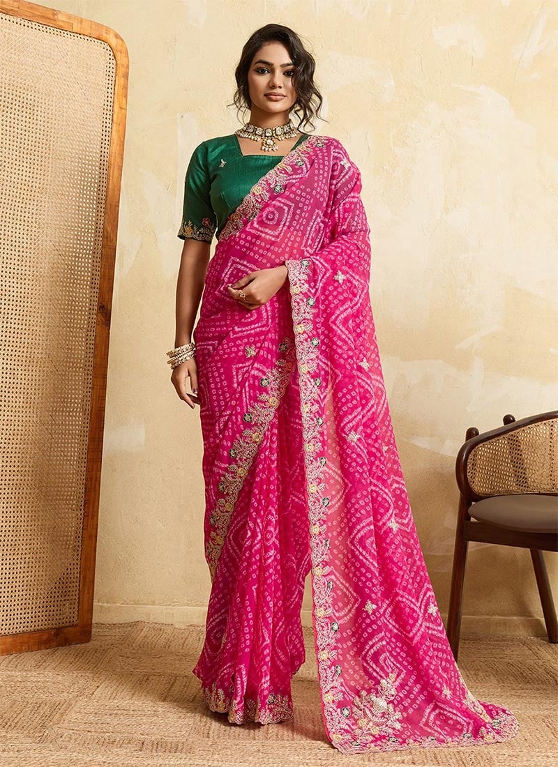 Pink Georgette Bandhej Print Embroidered Saree Festive Wear