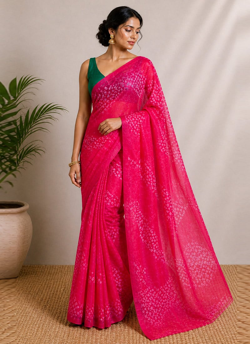 Pink Georgette Bandhej Saree After Six Wear