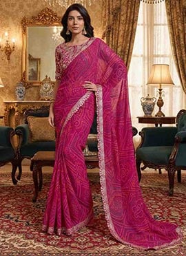 Pink Georgette Bandhini Cut Work Saree