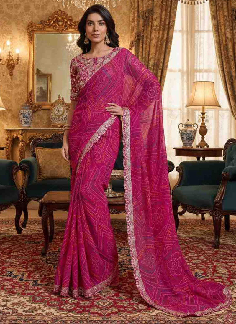 Pink Georgette Bandhini Cut Work Saree Festive Wear