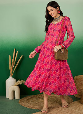 Pink Georgette Bandhini Print Long Kurti
