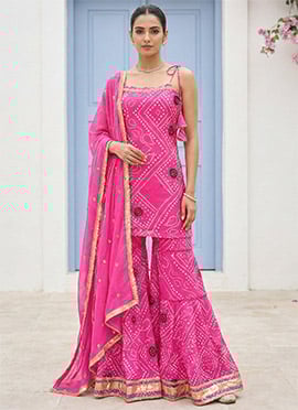 Pink Georgette Bandhini Print Mirror Work Sharara Suit
