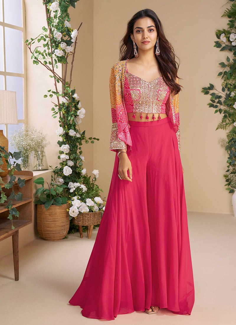 Pink Georgette Bandhini Print Zari Embroidered Sequins Beads Indowestern Jacket Palazzo Set