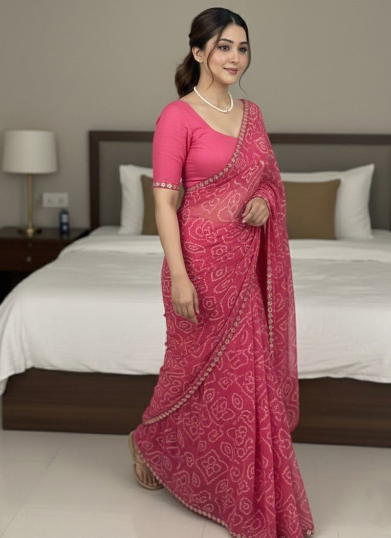 Pink Georgette Bandhini Saree After Six Wear