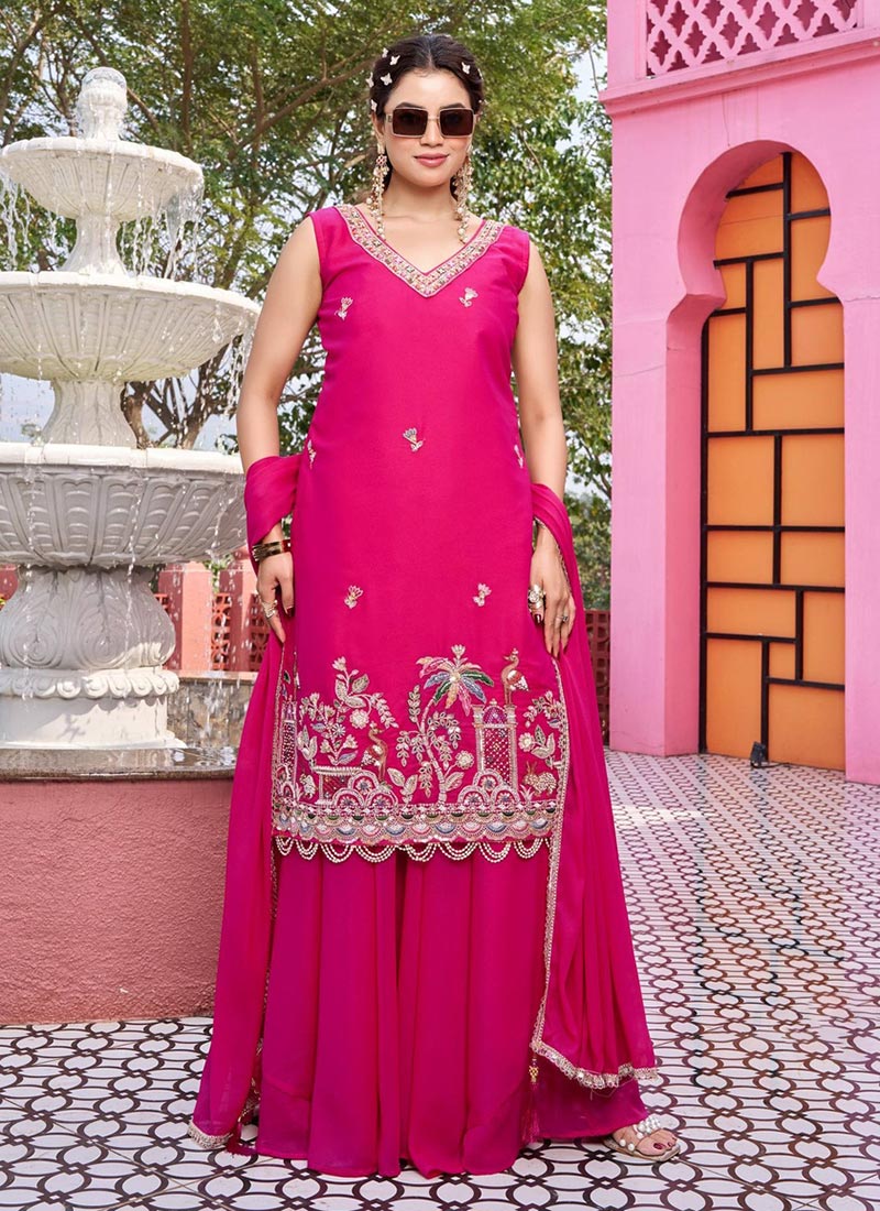 Pink Georgette Beads Embroidered Sequins Thread Palazzo Suit Festive Wear