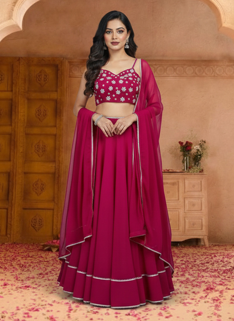 Pink Georgette Beads Hand Embroidered Lehenga