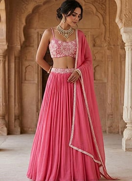 Pink Georgette Beads Hand Embroidered Lehenga