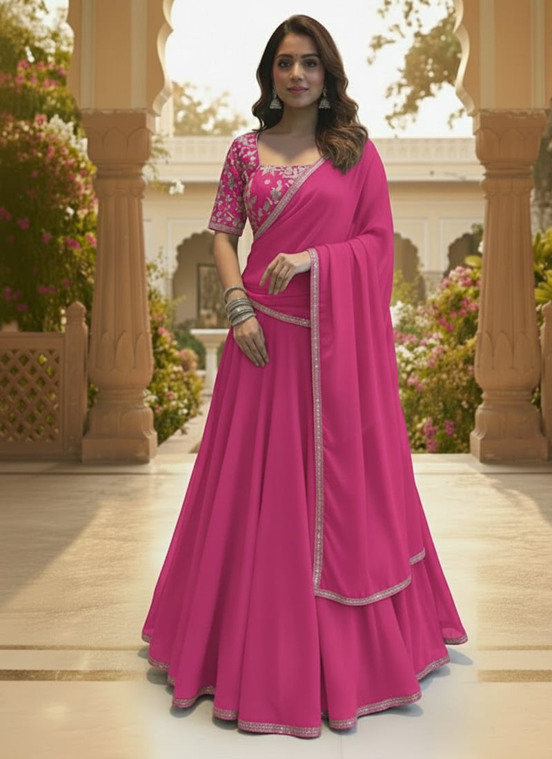 Pink Georgette Beads Hand Embroidered Lehenga Wedding Wear