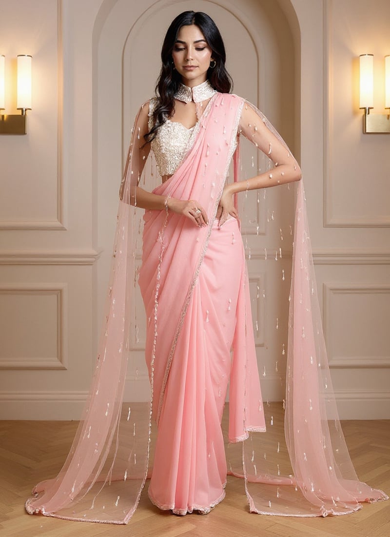 Pink Georgette Beads Hand Embroidered Saree Wedding Wear