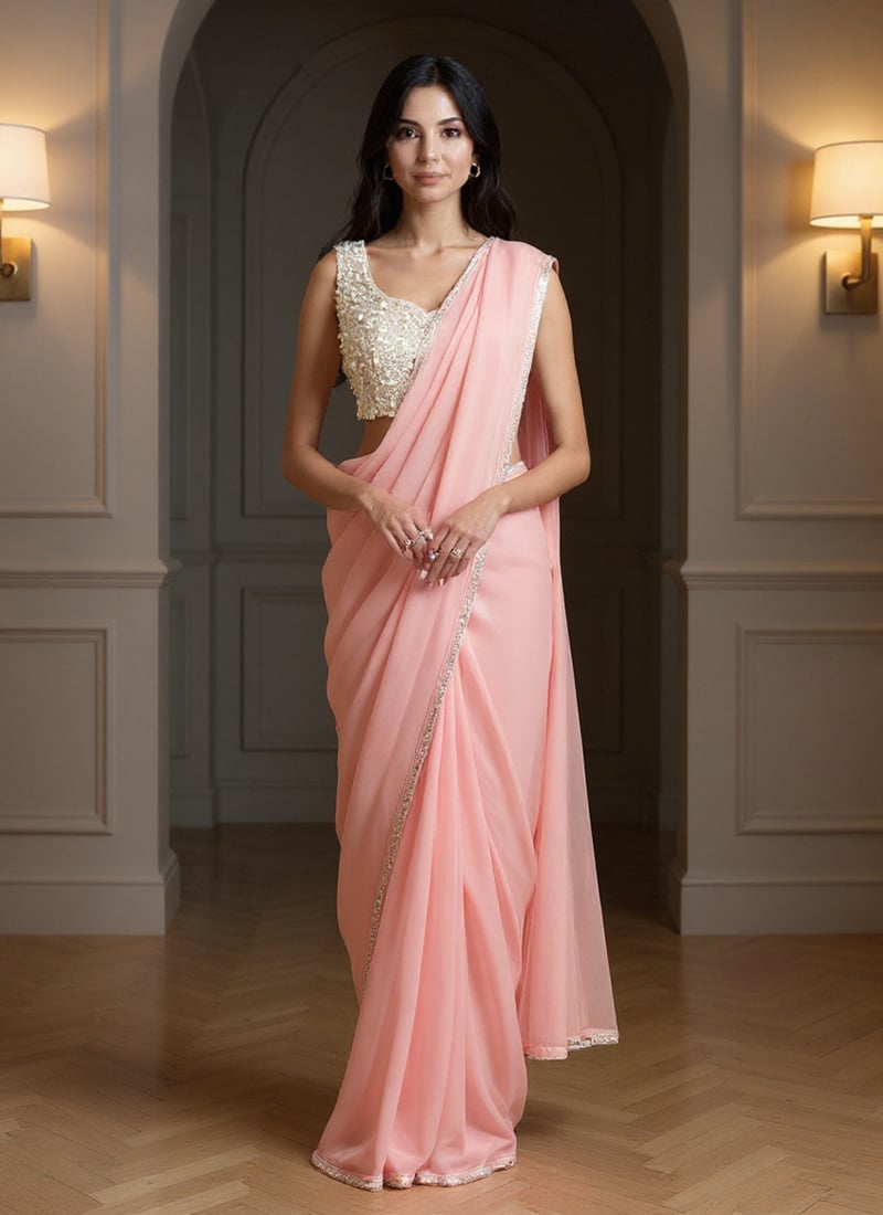 Pink Georgette Beads Hand Embroidered Saree Wedding Wear