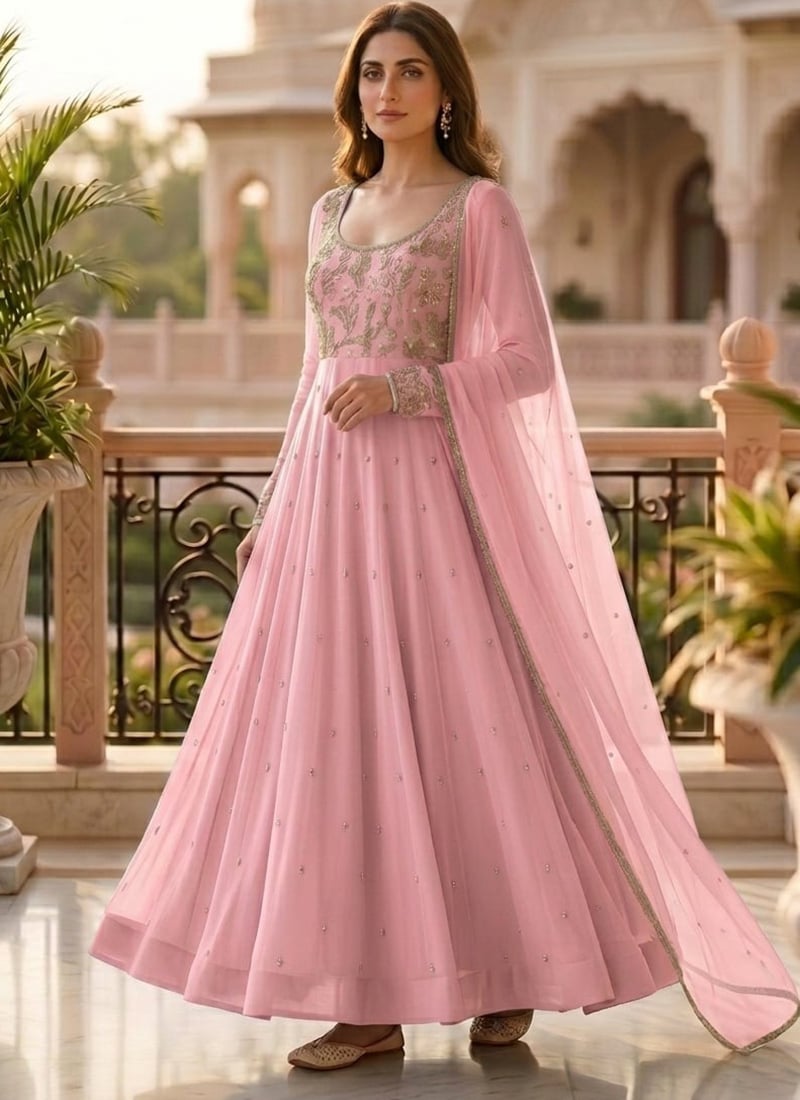 Pink Georgette Beads Hand Work Sequins Embroidered Stunning Anarkali Suit Wedding Wear