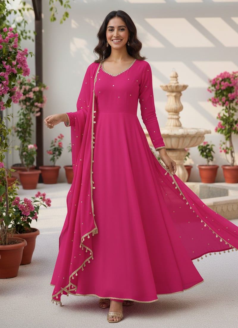 Pink Georgette Beads Sequins Anarkali Suit Festive Wear