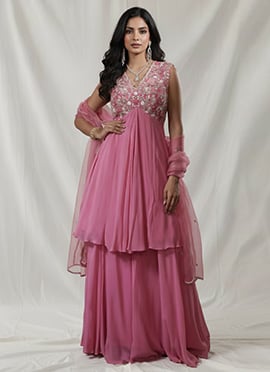 Pink Georgette Beads Sequins Work Palazzo Suit