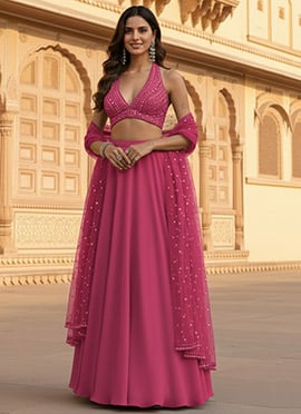 Pink Georgette Beads Stone Hand Embroidered Lehenga