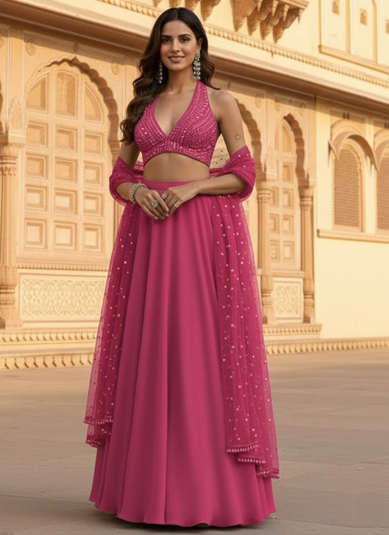 Pink Georgette Beads Stone Hand Embroidered Lehenga  Wedding Wear