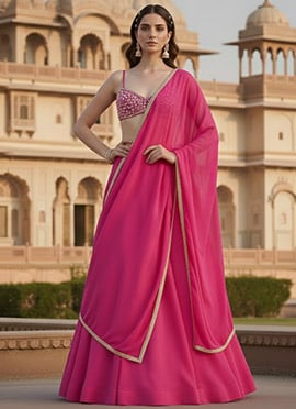 Pink Georgette Beads Stones Hand Embroidered Lehenga
