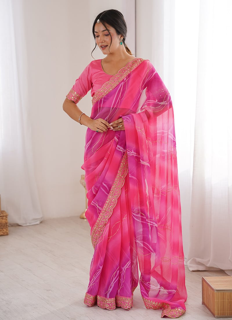 Pink Georgette Chiffon Leheriya Foil Printed Saree After Six Wear
