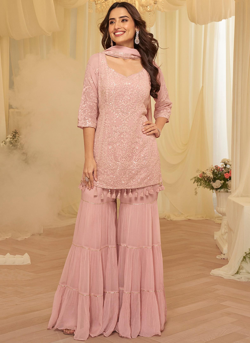 Pink Georgette Chikankari Work With Embroidered Sequins Sharara Suit Festive Wear