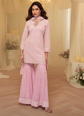 Pink Georgette Chikankari Work With Embroidered Sequins Sharara Suit