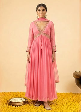 Pink Georgette Cutdana Sequins Hand Embroidered Anarkali Suit