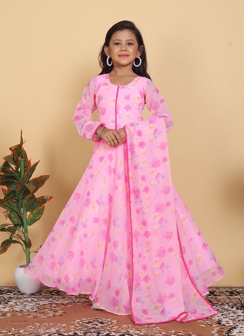 Pink Georgette Digital Print Kids Girls Anarkali Suit Festive Wear