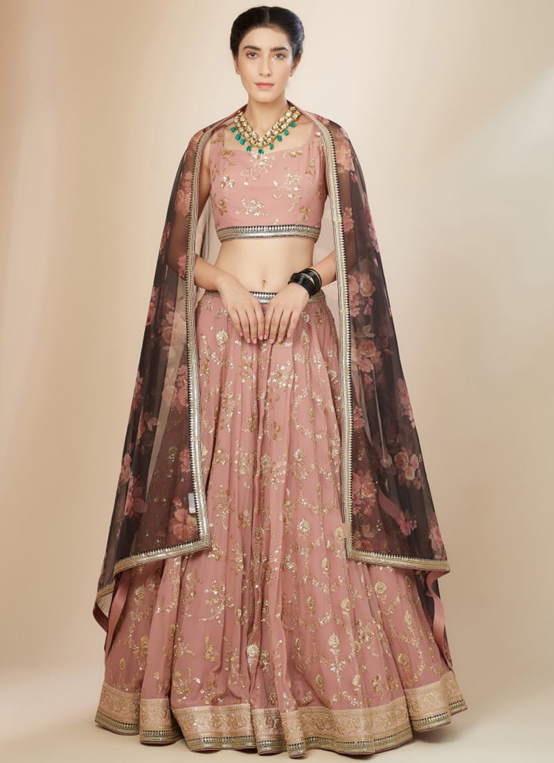 Pink Georgette Digital Print Zari Embroidered Sequins Lehenga Wedding Wear