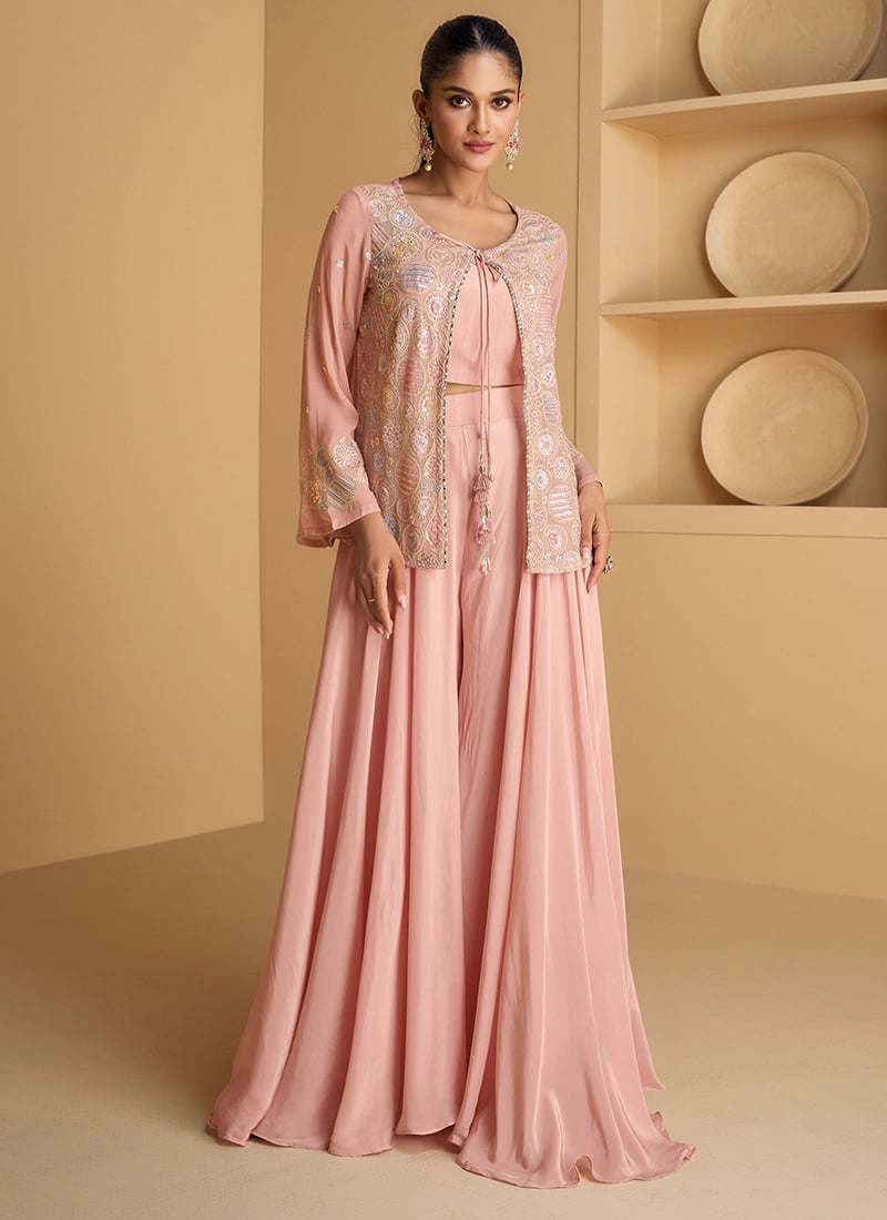 Pink Georgette Embroidered And Sequins Palazzo Set