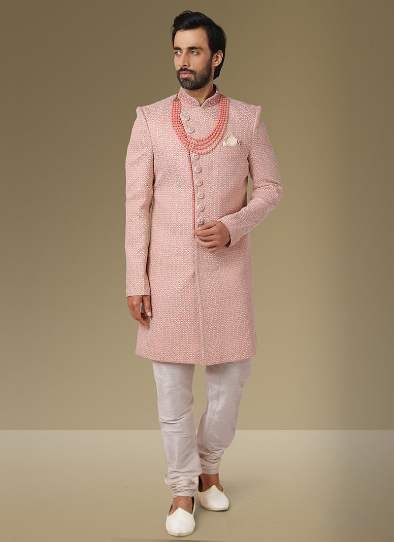 Pink Georgette Embroidered Angrakha Sherwani Wedding Wear