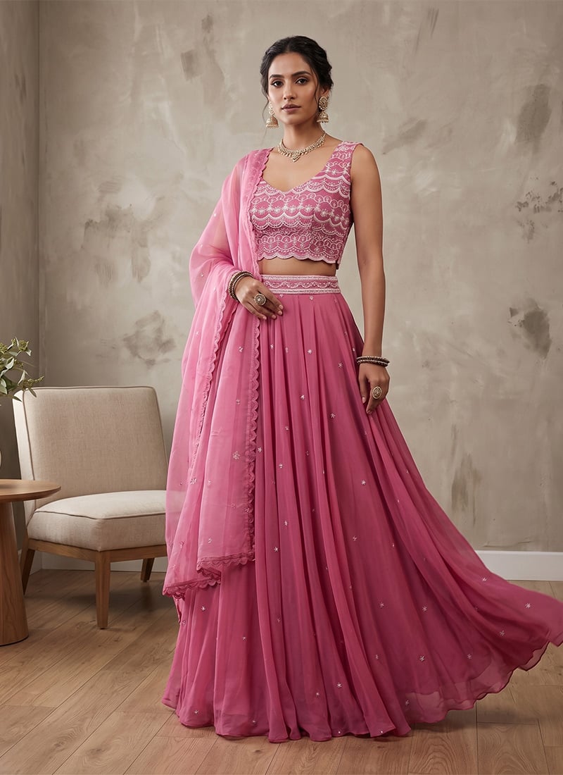 Pink Georgette Embroidered Lehenga Festive Wear
