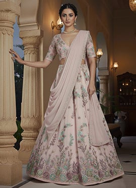 Peach Georgette Embroidered Lehenga Set