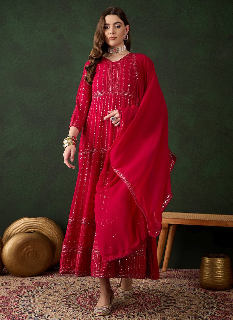 Pink Georgette Embroidered Pakistani Straight Pant Suit Festive Wear