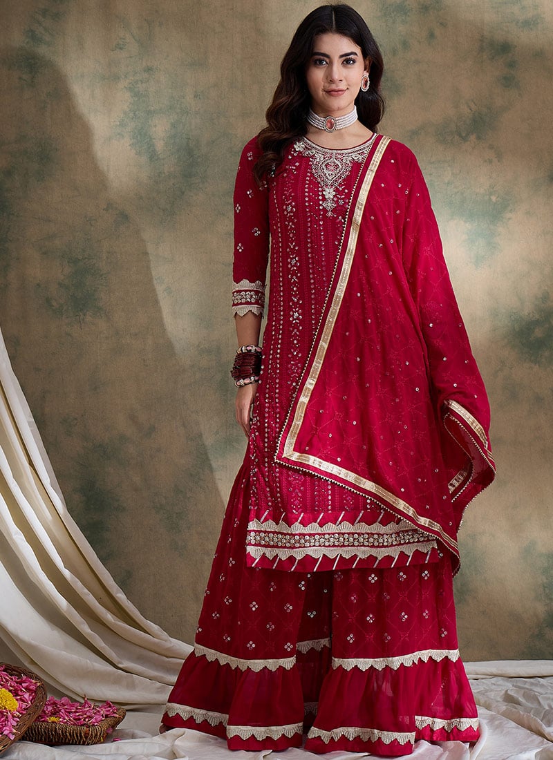 Pink Georgette Embroidered Pakistani Straight Pant Suit Festive Wear