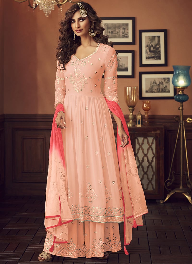 Peach Georgette Embroidered Palazzo Suit Party Wear