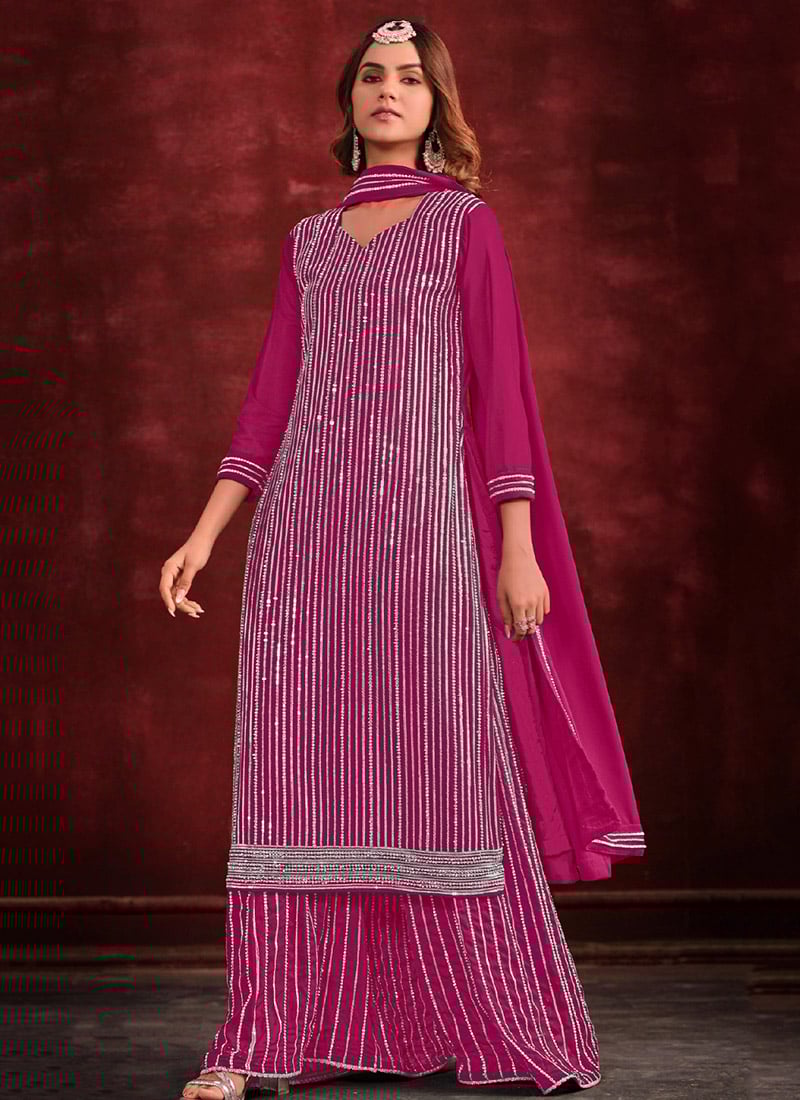 Pink Georgette Embroidered Palazzo Suits For Regal Wear Festive Wear