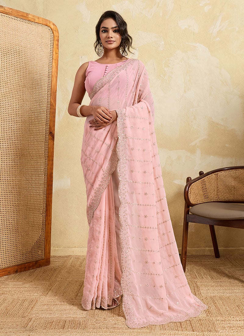 Pink Georgette Embroidered Saree Festive Wear