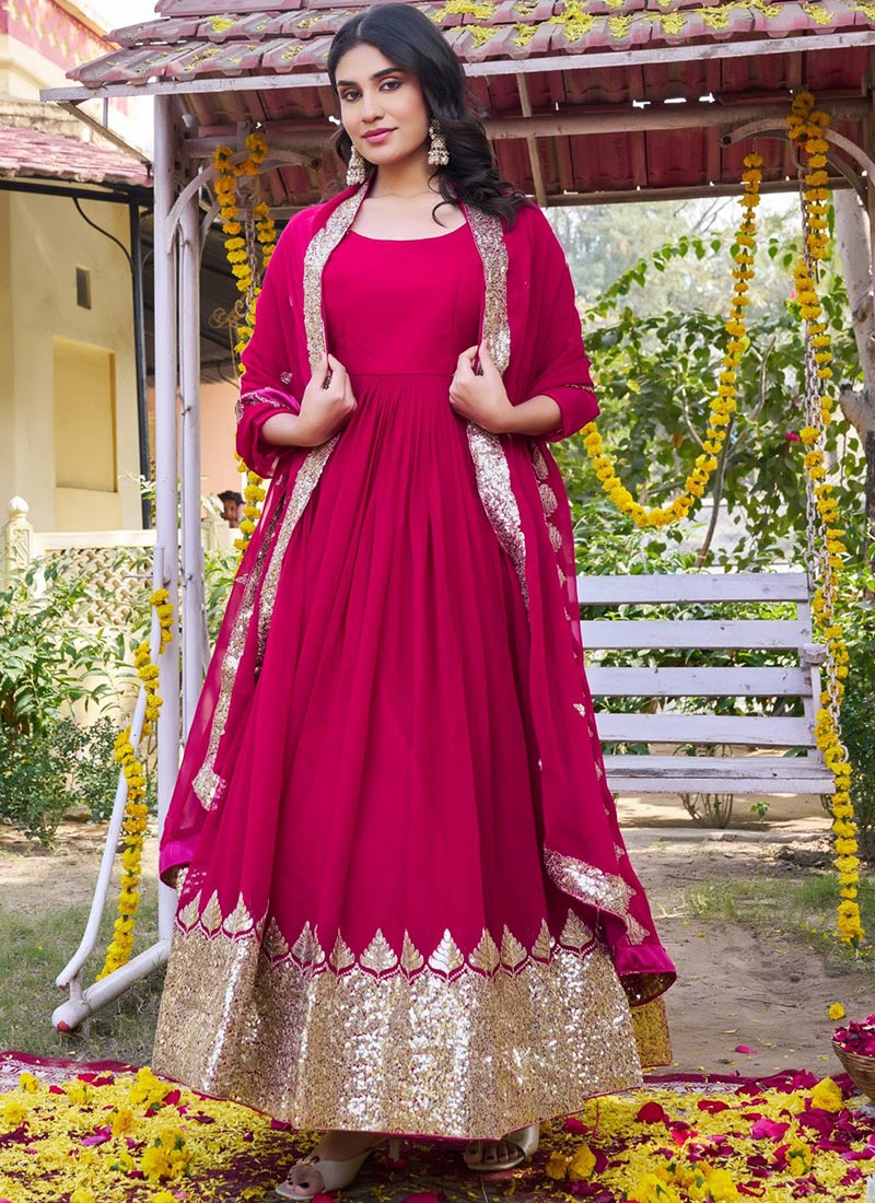 Pink Georgette Embroidered Sequins Anarkali Gown Festive Wear