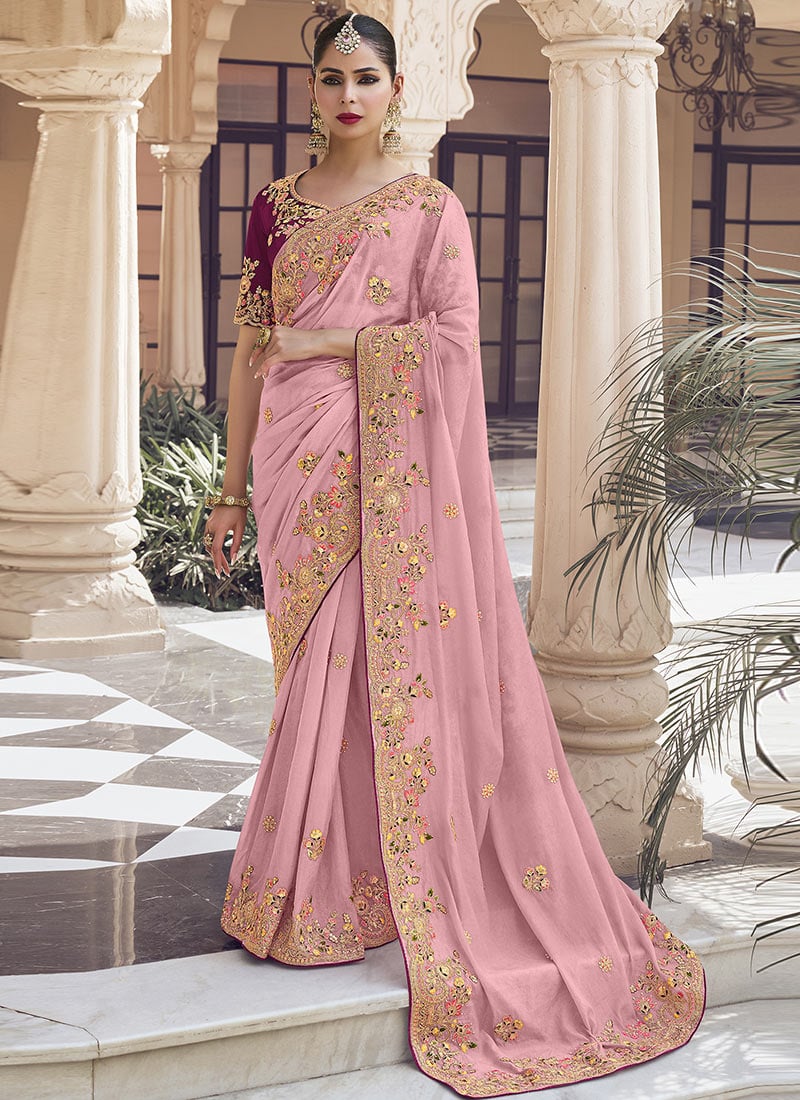 Pink Georgette Embroidered Sequins And Stones Saree