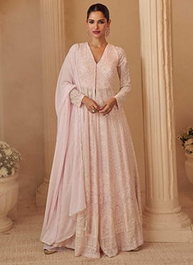 Pink Georgette Embroidered Sequins Chikankari Stones Beads Anarkali Suit
