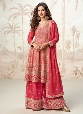 Pink Georgette Embroidered Sequins Gorgeous A Line Pakistani Palazzo Suit