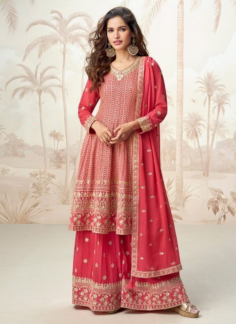 Pink Georgette Embroidered Sequins Gorgeous A Line Pakistani Palazzo Suit Festive Wear